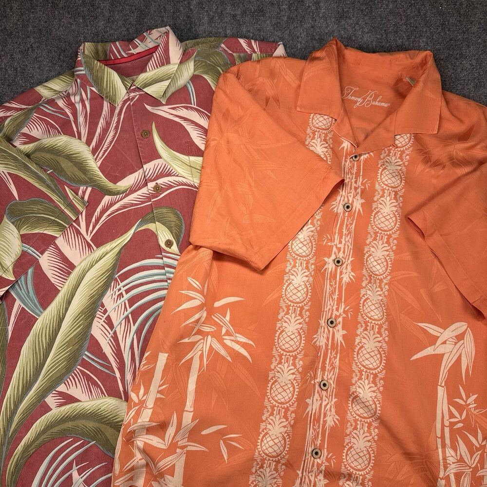 Lot (2) Tommy Bahama 100% Hawaiian Shirts - Red and Orange Floral Patterns - XL